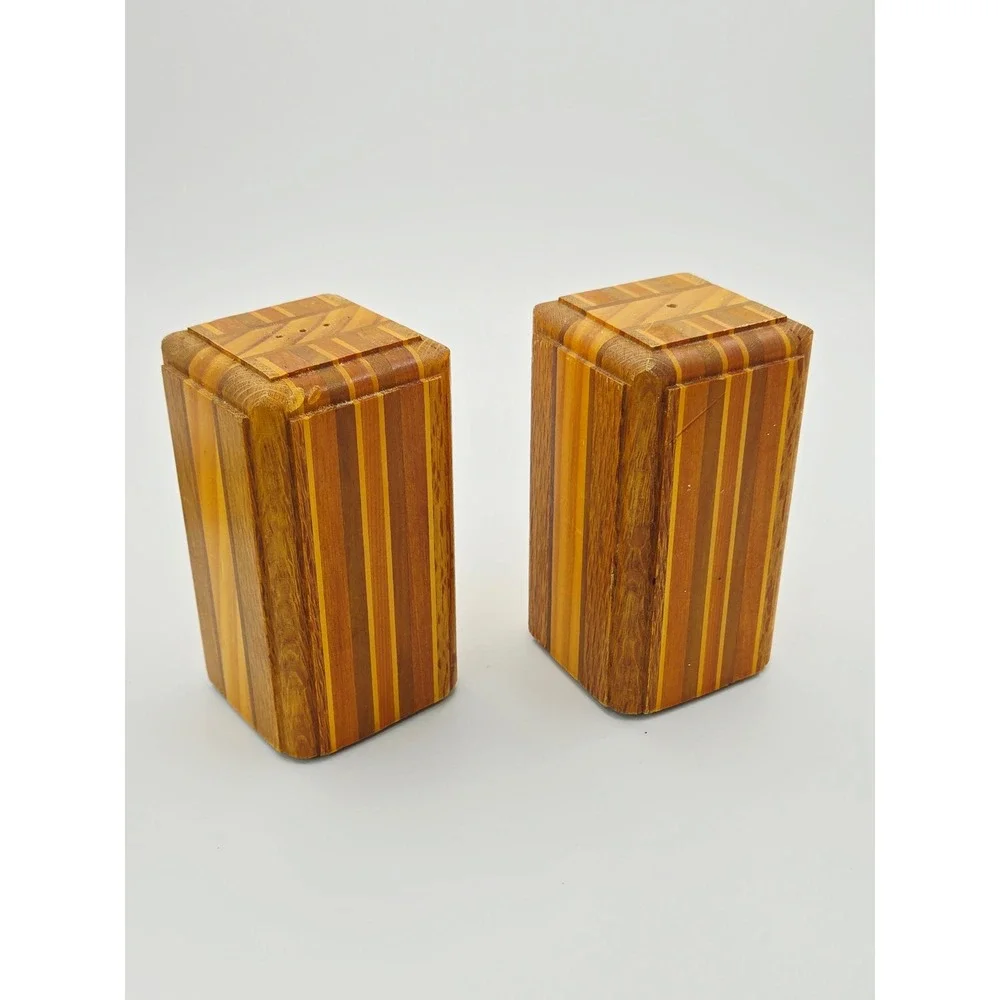 Vintage Inlaid Wood Salt and Pepper Shakers Set Rectangular Geometric Striped